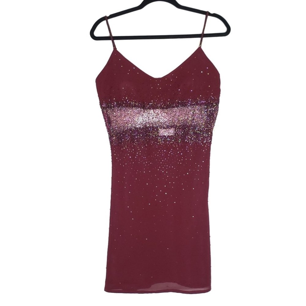 Night Scene Vintage Maroon Hand Beaded Dress L